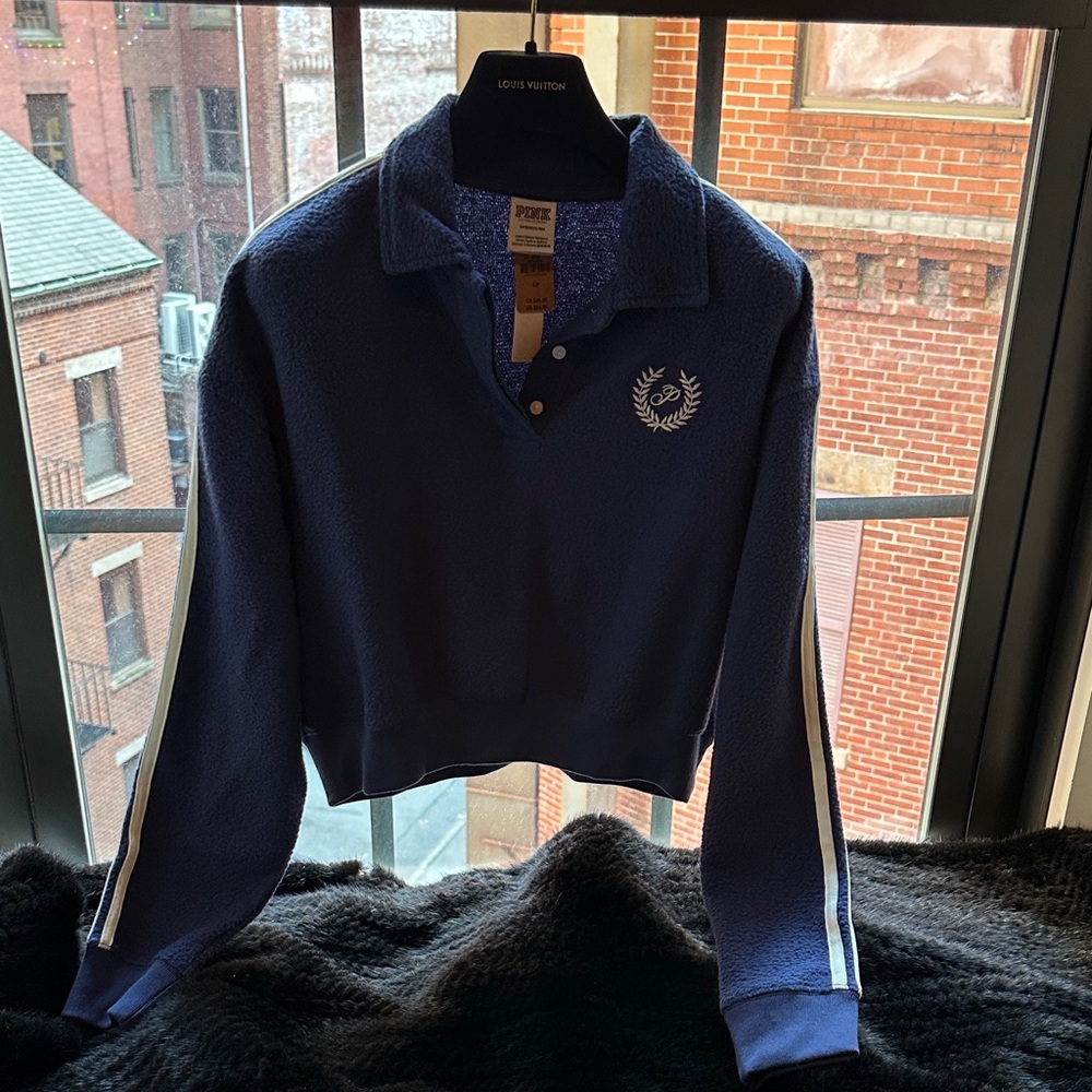 PINK Victoria's Secret Navy Cropped Polo Sweatshirt with White Laurel Emblem